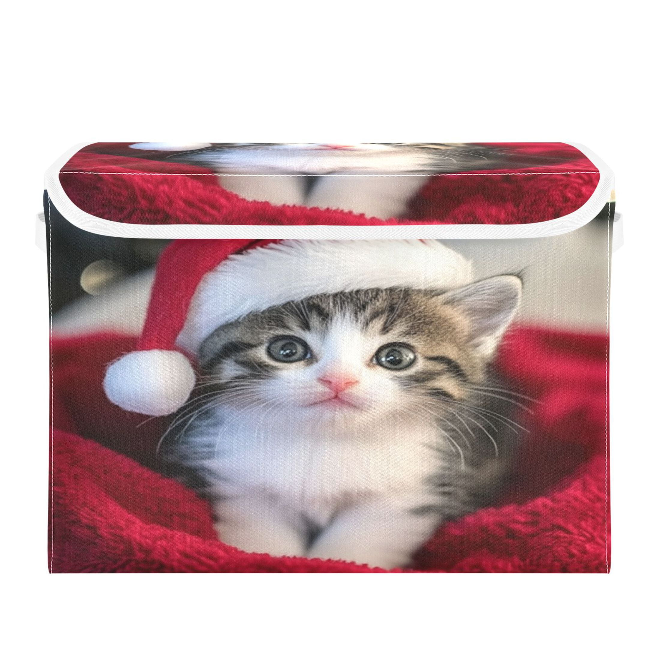Storage Box With Lid 16.5x12.6x11.8In Foldable Stacked Household Storage Box Santa Hat Cat Picture