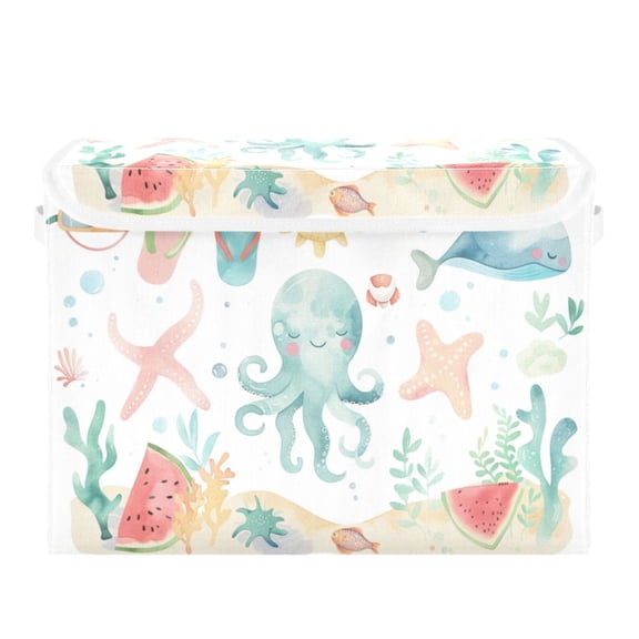 Storage Box With Lid 16.5x12.6x11.8In Foldable Stacked Household Storage Box Sea Life Cartoon Cute