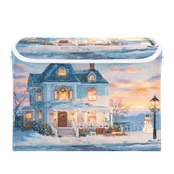 Storage Box With Lid 16.5x12.6x11.8In Foldable Stacked Household Storage Box Snow Christmas House