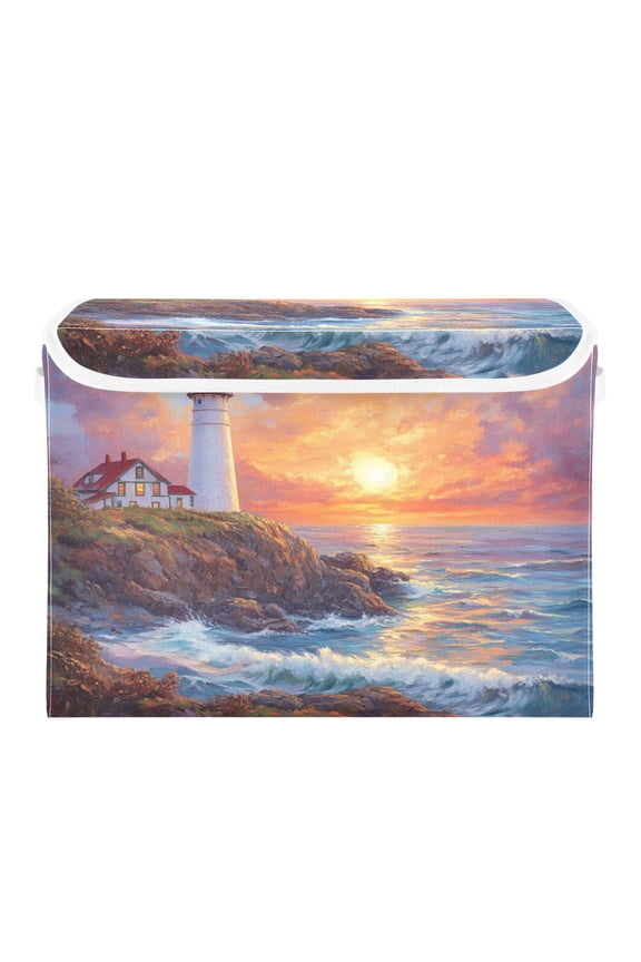 Storage Box With Lid 16.5x12.6x11.8In Foldable Stacked Household Storage Box Sunset Lighthouse
