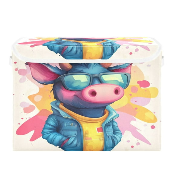 Storage Box With Lid 16.5x12.6x11.8In Foldable Stacked Household Storage Box Super Cute Pig