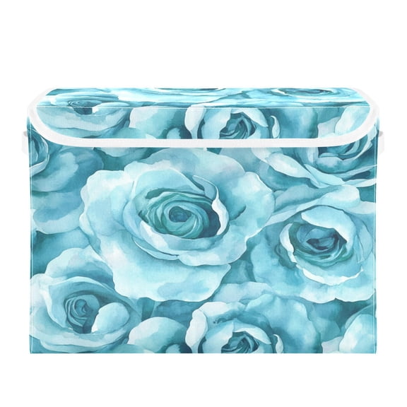 Storage Box With Lid 16.5x12.6x11.8In Foldable Stacked Household Storage Box Turquoise Roses Seamless
