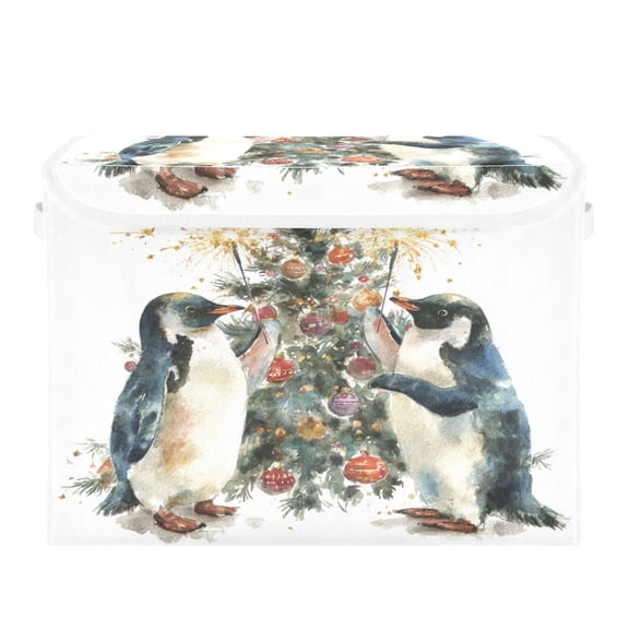 Storage Box With Lid 16.5x12.6x11.8In Foldable Stacked Household Storage Box Two Christmas Penguins