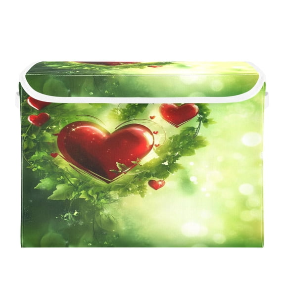 Storage Box With Lid 16.5x12.6x11.8In Foldable Stacked Household Storage Box Valentine's Day Red Heart Pattern