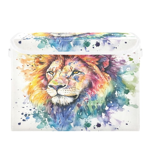 Storage Box With Lid 16.5x12.6x11.8In Foldable Stacked Household Storage Box Watercolor Beautiful Lion
