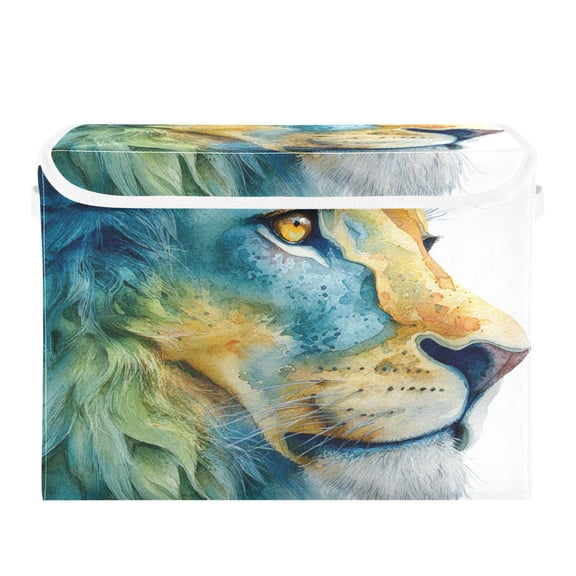 Storage Box With Lid 16.5x12.6x11.8In Foldable Stacked Household Storage Box Watercolor Blue Lion