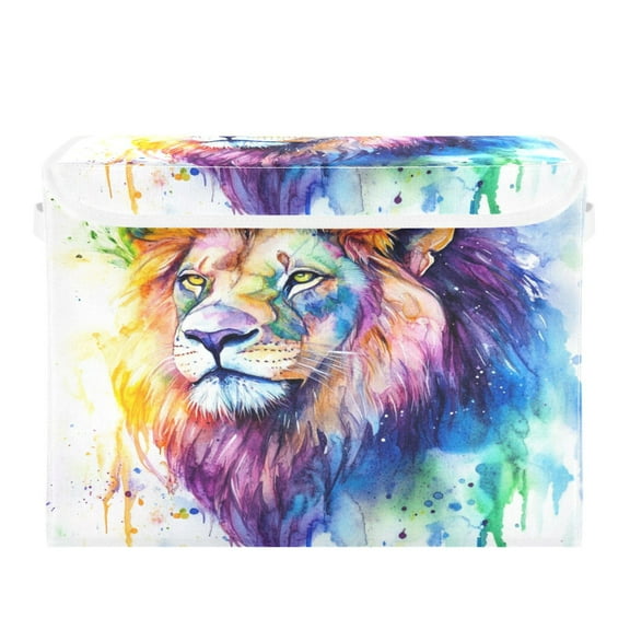 Storage Box With Lid 16.5x12.6x11.8In Foldable Stacked Household Storage Box Watercolor Cartoon Lion