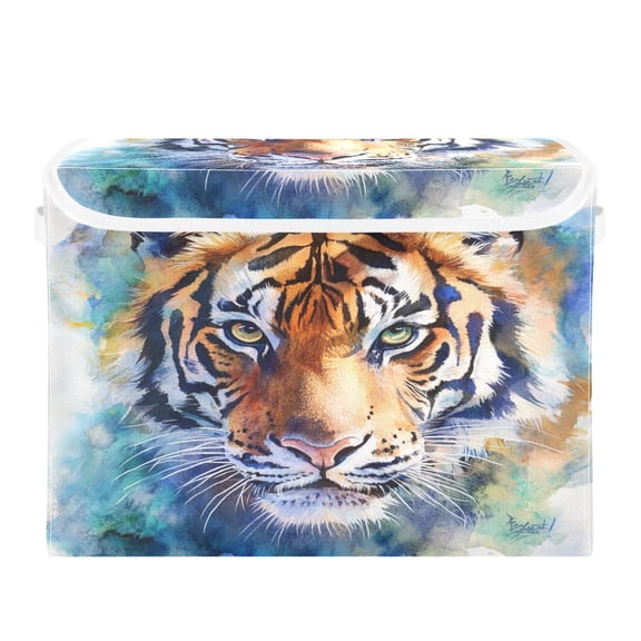 Storage Box With Lid 16.5x12.6x11.8In Foldable Stacked Household Storage Box Watercolor Tiger