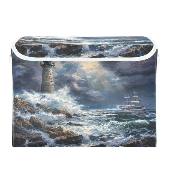 Storage Box With Lid 16.5x12.6x11.8In Foldable Stacked Household Storage Box Wave Lighthouse