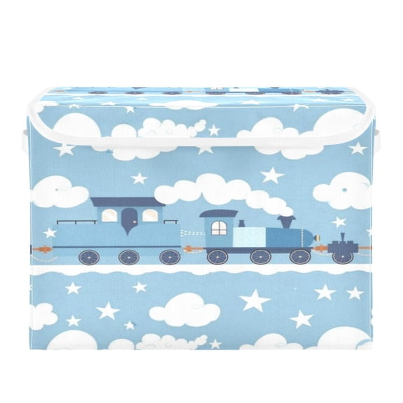 Storage Box With Lid 16.5x12.6x11.8In Foldable Stacked Household Storage Box White Clouds and Blue Train