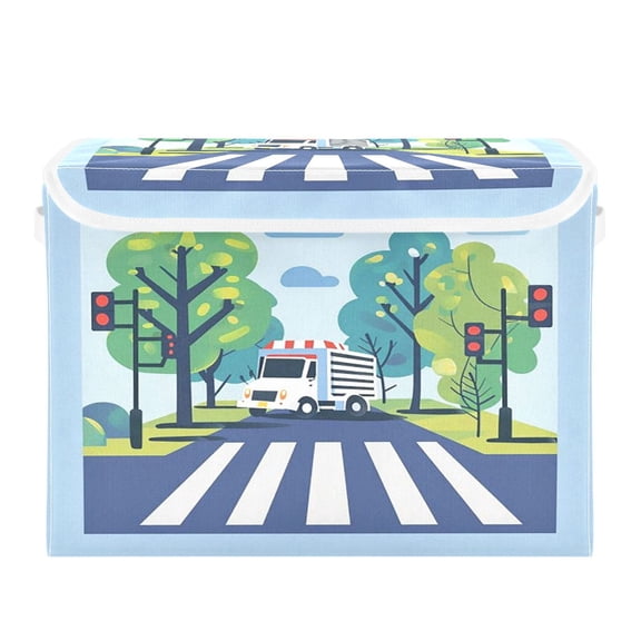 Storage Box With Lid 16.5x12.6x11.8In Foldable Stacked Household Storage Box White Zebra Crossing and White Cars