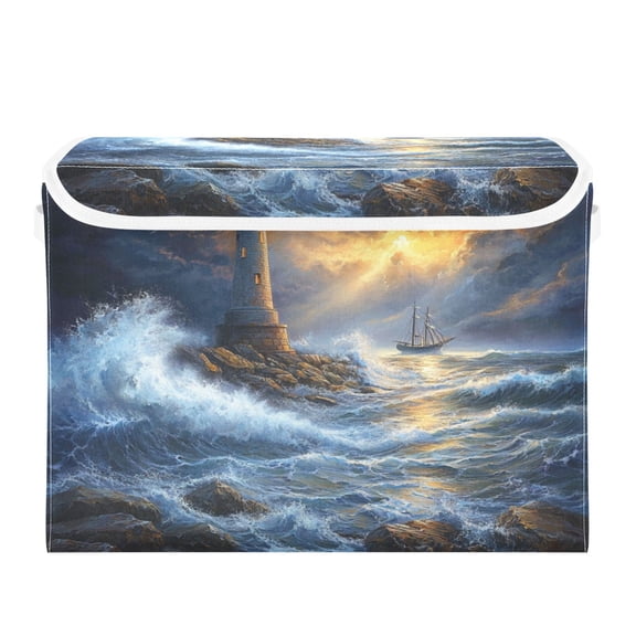 Storage Box With Lid 16.5x12.6x11.8In Foldable Stacked Household Storage Box Wind and Wave Lighthouse
