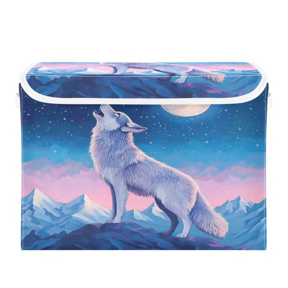 Storage Box With Lid 16.5x12.6x11.8In Foldable Stacked Household Storage Box Wolf in The Moonlight