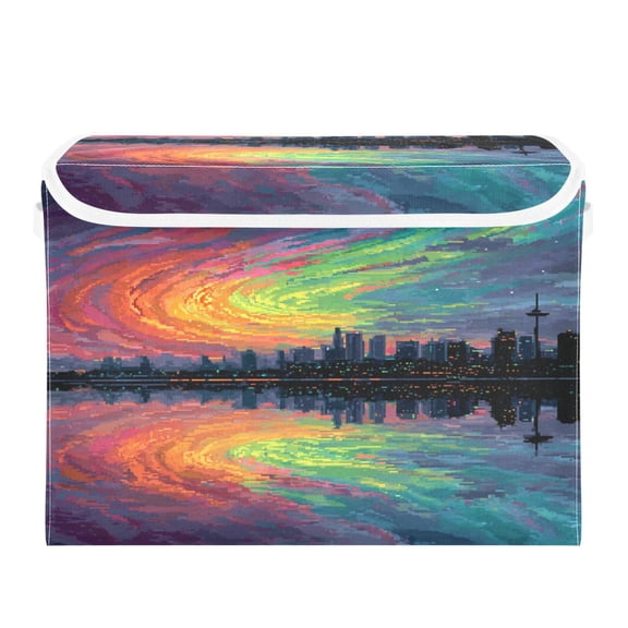 Storage Box With Lid 16.5x12.6x11.8In Lidded Home Storage Bins Foldable Stacked Household Storage Box Aurora Borealis City
