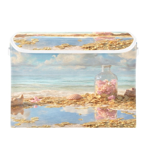 Storage Box With Lid 16.5x12.6x11.8In Lidded Home Storage Bins Foldable Stacked Household Storage Box Beach Covered with Coins