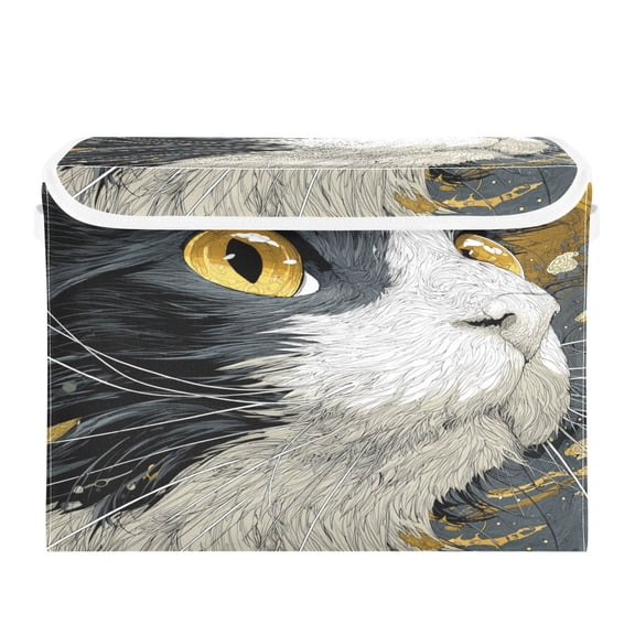 Storage Box With Lid 16.5x12.6x11.8In Lidded Home Storage Bins Foldable Stacked Household Storage Box Beautiful Black and White Cat