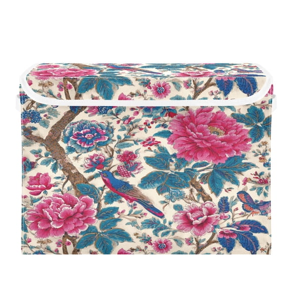 Storage Box With Lid 16.5x12.6x11.8In Lidded Home Storage Bins Foldable Stacked Household Storage Box Beautiful Flowers and Birds