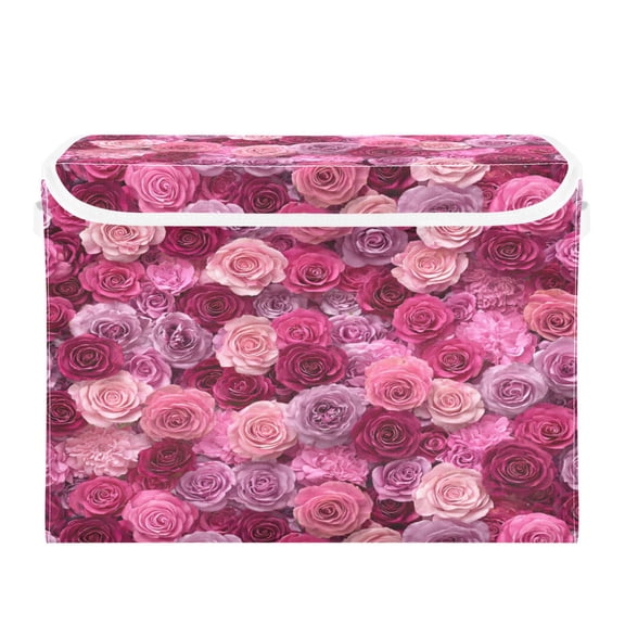 Storage Box With Lid 16.5x12.6x11.8In Lidded Home Storage Bins Foldable Stacked Household Storage Box Beautiful Pink Roses