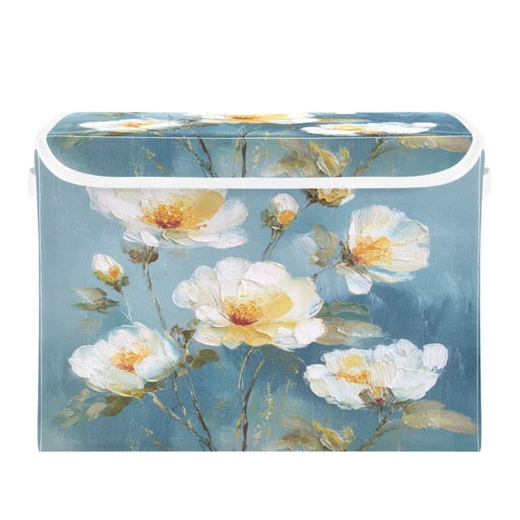 Storage Box With Lid 16.5x12.6x11.8In Lidded Home Storage Bins Foldable Stacked Household Storage Box Beautiful White Flower Pattern