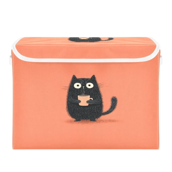 Storage Box With Lid 16.5x12.6x11.8In Lidded Home Storage Bins Foldable Stacked Household Storage Box Black Cartoon Cat Pattern