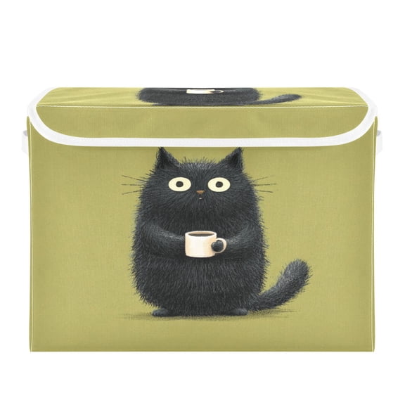 Storage Box With Lid 16.5x12.6x11.8In Lidded Home Storage Bins Foldable Stacked Household Storage Box Black Cat Coffee