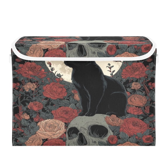 Storage Box With Lid 16.5x12.6x11.8In Lidded Home Storage Bins Foldable Stacked Household Storage Box Black Cat Skull Art