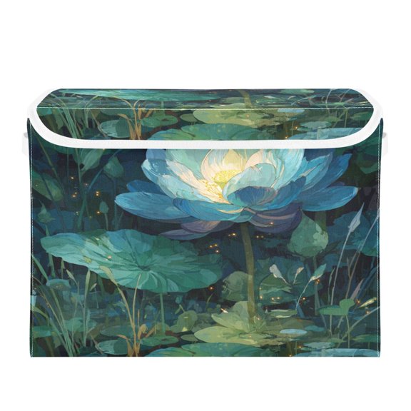 Storage Box With Lid 16.5x12.6x11.8In Lidded Home Storage Bins Foldable Stacked Household Storage Box Blue Lotus Flower Float