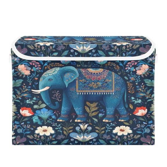Storage Box With Lid 16.5x12.6x11.8In Lidded Home Storage Bins Foldable Stacked Household Storage Box Cartoon Blue Elephant
