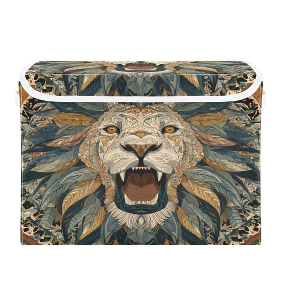 Storage Box With Lid 16.5x12.6x11.8In Lidded Home Storage Bins Foldable Stacked Household Storage Box Cartoon Fierce Lion