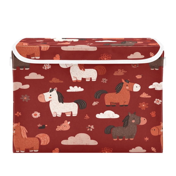 Storage Box With Lid 16.5x12.6x11.8In Lidded Home Storage Bins Foldable Stacked Household Storage Box Cartoon Horses Red Background