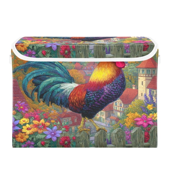 Storage Box With Lid 16.5x12.6x11.8In Lidded Home Storage Bins Foldable Stacked Household Storage Box Cartoon Rooster Fence