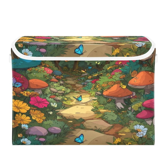 Storage Box With Lid 16.5x12.6x11.8In Lidded Home Storage Bins Foldable Stacked Household Storage Box Cartoon Style Forest Mushrooms