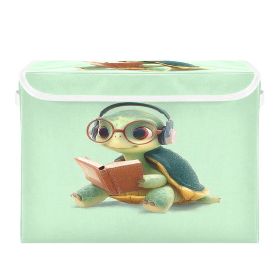 Storage Box With Lid 16.5x12.6x11.8In Lidded Home Storage Bins Foldable Stacked Household Storage Box Cartoon Turtle Reading