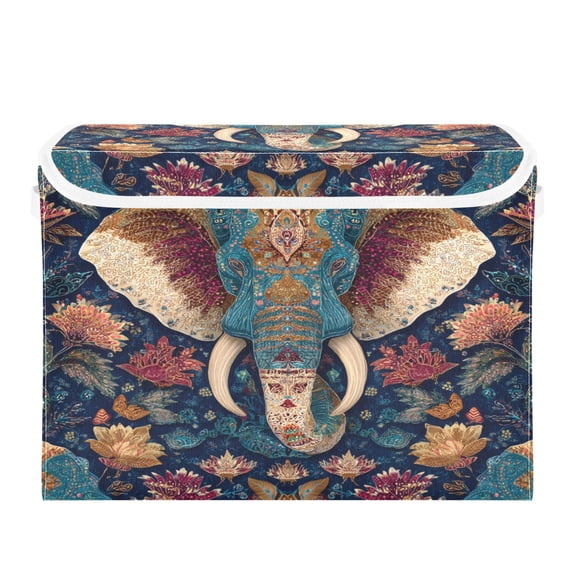 Storage Box With Lid 16.5x12.6x11.8In Lidded Home Storage Bins Foldable Stacked Household Storage Box Cartoon Watercolor Elephant