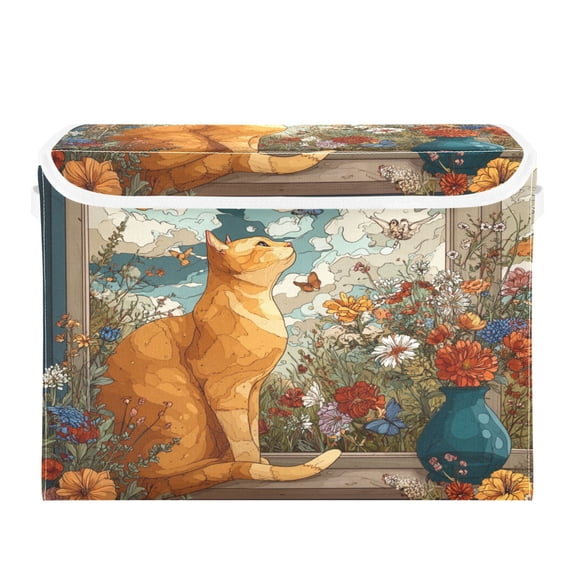 Storage Box With Lid 16.5x12.6x11.8In Lidded Home Storage Bins Foldable Stacked Household Storage Box Charming Feline Breeze