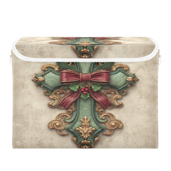 Storage Box With Lid 16.5x12.6x11.8In Lidded Home Storage Bins Foldable Stacked Household Storage Box Christmas Green Cross Cartoon