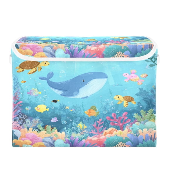 Storage Box With Lid 16.5x12.6x11.8In Lidded Home Storage Bins Foldable Stacked Household Storage Box Colorful Sea Turtle Fish