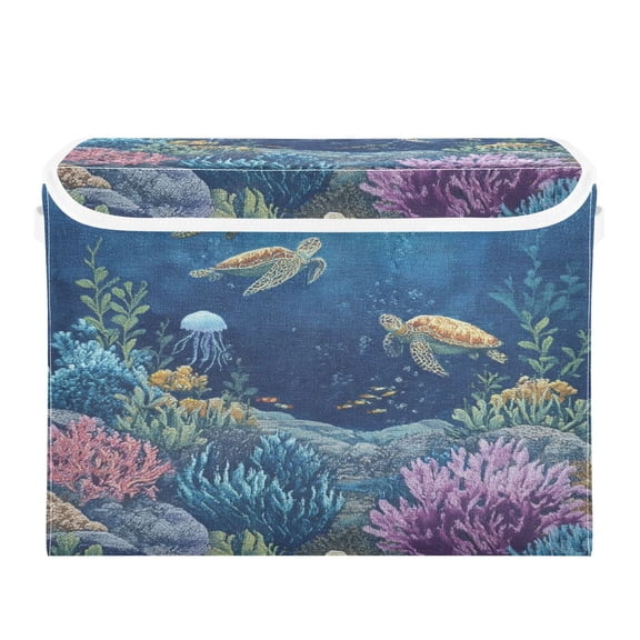 Storage Box With Lid 16.5x12.6x11.8In Lidded Home Storage Bins Foldable Stacked Household Storage Box Coral Reef Turtle