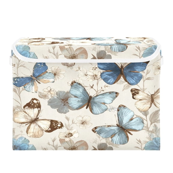 Storage Box With Lid 16.5x12.6x11.8In Lidded Home Storage Bins Foldable Stacked Household Storage Box Cream Brown Butterfly Art