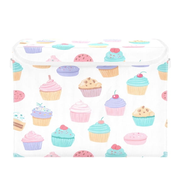 Storage Box With Lid 16.5x12.6x11.8In Lidded Home Storage Bins Foldable Stacked Household Storage Box Cupcake Pattern Pastel