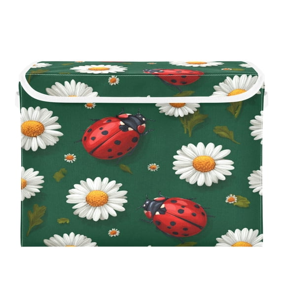 Storage Box With Lid 16.5x12.6x11.8In Lidded Home Storage Bins Foldable Stacked Household Storage Box Cute Ladybug White Daisy