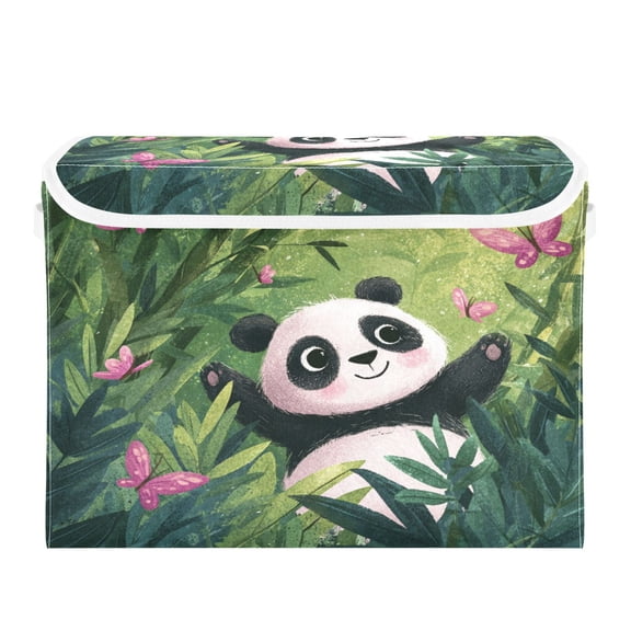 Storage Box With Lid 16.5x12.6x11.8In Lidded Home Storage Bins Foldable Stacked Household Storage Box Cute Panda Playing