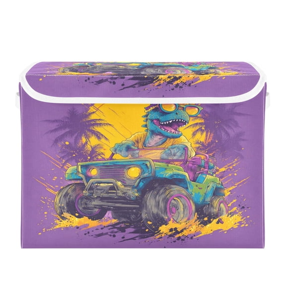 Storage Box With Lid 16.5x12.6x11.8In Lidded Home Storage Bins Foldable Stacked Household Storage Box Dinosaurs Driving Cars