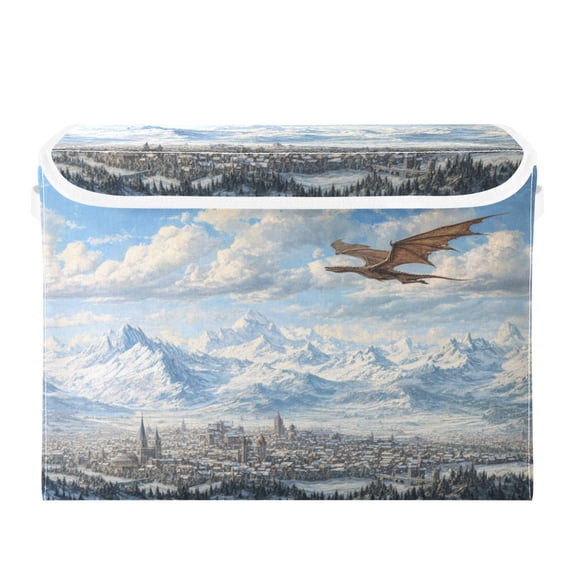 Storage Box With Lid 16.5x12.6x11.8In Lidded Home Storage Bins Foldable Stacked Household Storage Box Dragon Flying Medieval Town