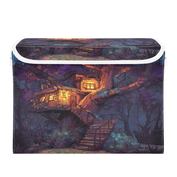 Storage Box With Lid 16.5x12.6x11.8In Lidded Home Storage Bins Foldable Stacked Household Storage Box Enchanted Cabin Glowing Woods