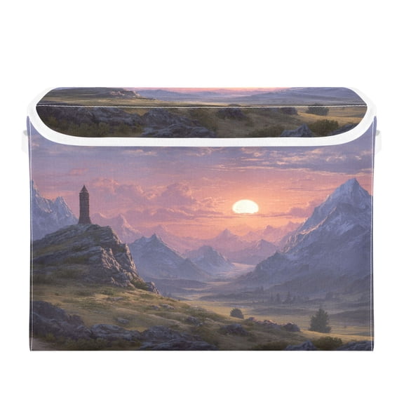 Storage Box With Lid 16.5x12.6x11.8In Lidded Home Storage Bins Foldable Stacked Household Storage Box Fantasy Mountain Ancient Tower