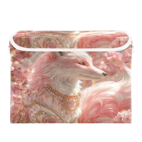 Storage Box With Lid 16.5x12.6x11.8In Lidded Home Storage Bins Foldable Stacked Household Storage Box Fox with Peach Blossom