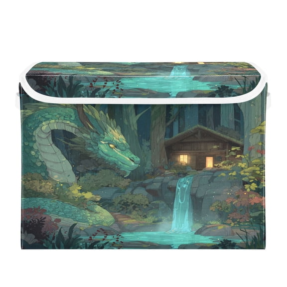 Storage Box With Lid 16.5x12.6x11.8In Lidded Home Storage Bins Foldable Stacked Household Storage Box Green Dragon Forest Cabin