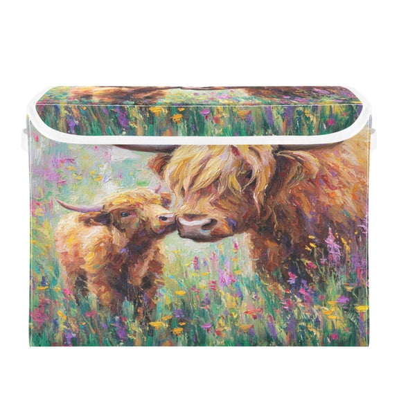 Storage Box With Lid 16.5x12.6x11.8In Lidded Home Storage Bins Foldable Stacked Household Storage Box Highland Cow and Calf