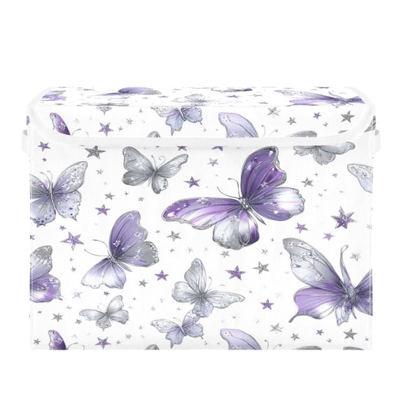 Storage Box With Lid 16.5x12.6x11.8In Lidded Home Storage Bins Foldable Stacked Household Storage Box Light Purple Butterfly